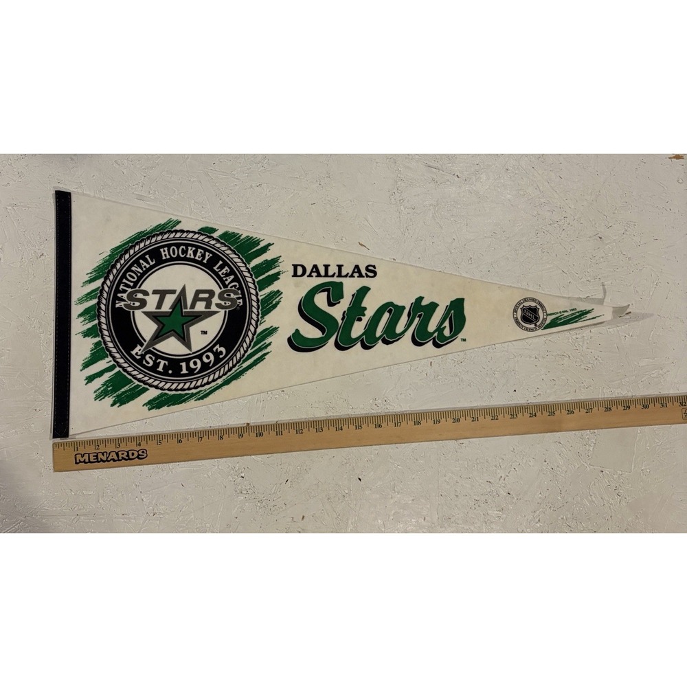Vintage 1990s Dallas Stars EST. 1993 NHL Hockey Pennant Flag White Green